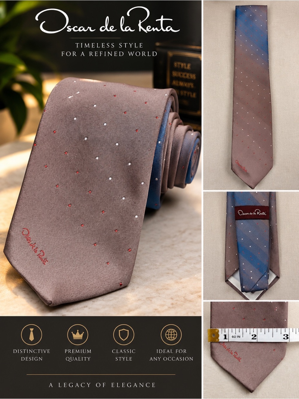 Oscar de la Renta Brown Tie with Red and White Microdots